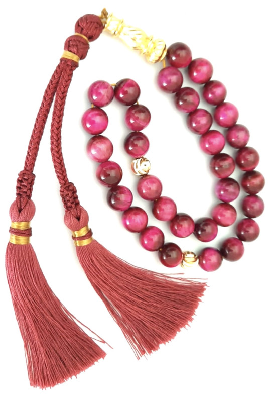 Prayer Beads Natural Red Cat Eye with Burgandi Tassel - Image 3