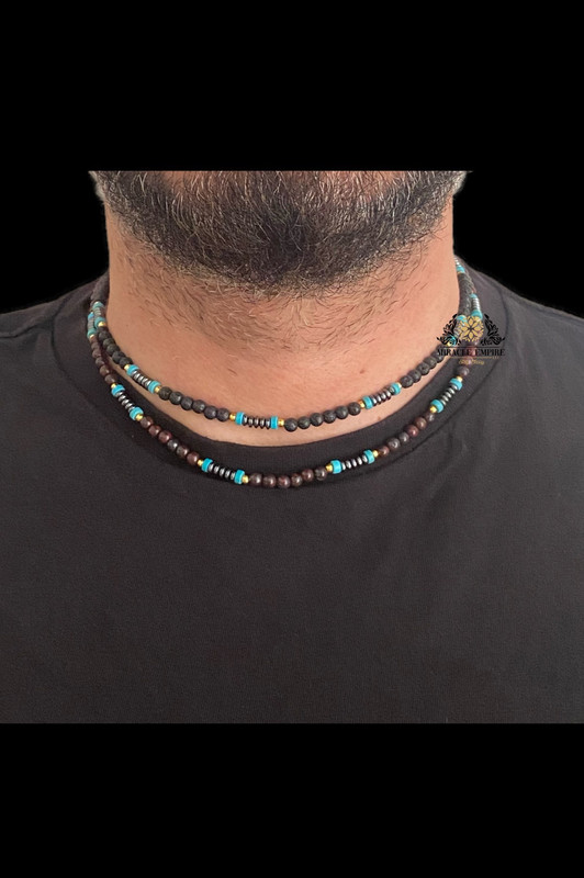 2 Men Necklaces Set Natural Stones 4MM Volcanic Lava And Garnet - Image 2