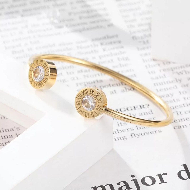 18k gold cuff bangle with crystal roman numbers - Image 2