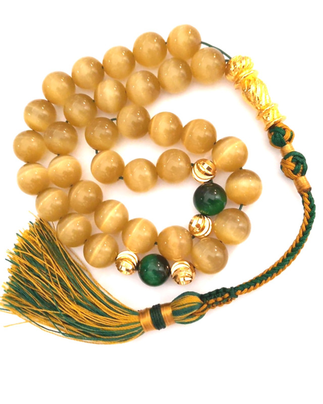 Islam Muslim Rosary Honey Cat Eye 12MM 18k Gold Plated Beads with Handmade Yellow and Green Tassel - Image 2