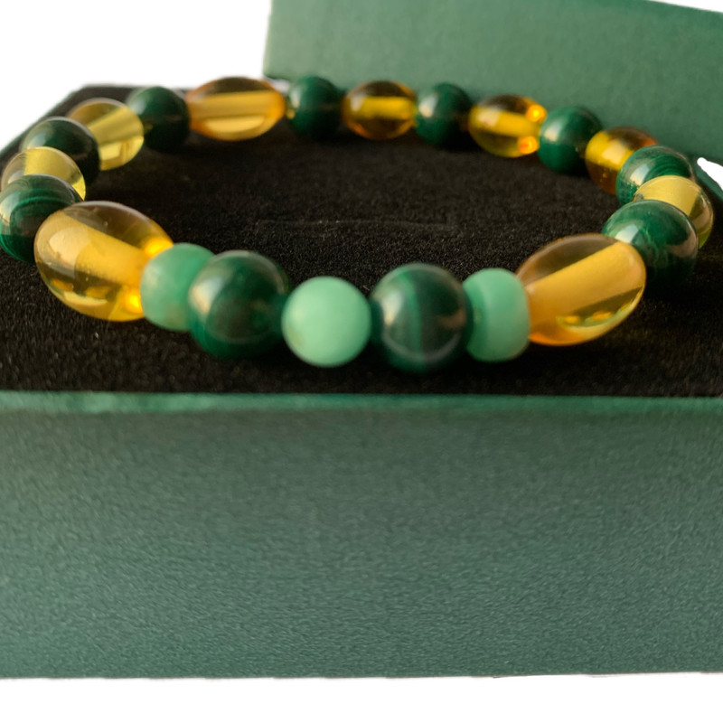 Emerald Emeralds Green Gift HARMONIC Genuine Natural Colombian Emerald (2 wheels 1 beads ~5-6mm) with natural malachite (8mm) and amber sand bracelet - Image 3