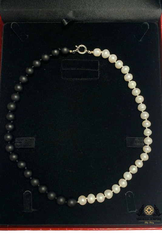 Unisex Woman Necklace Man Necklace handmade of Natural 10mm Pearls, matt Onyx - Image 2