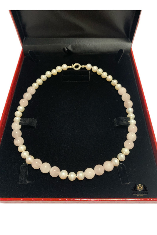 Woman Necklace handmade of Natural 10mm Pearls, Rose Quartz and a 925 silver clasp - Image 2