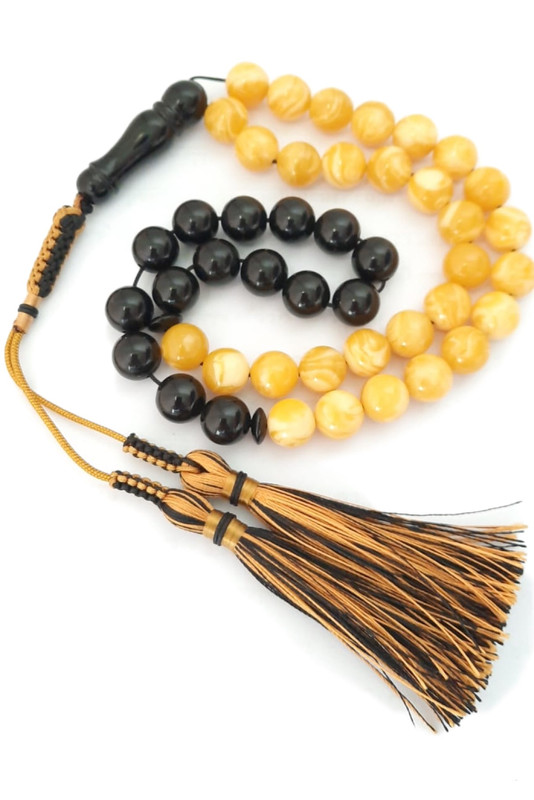 Tasbeeh Misbaha Prayer Beads Natural Amber Sand and Onyx with Red and Yellow Handmade Tassel - Image 3