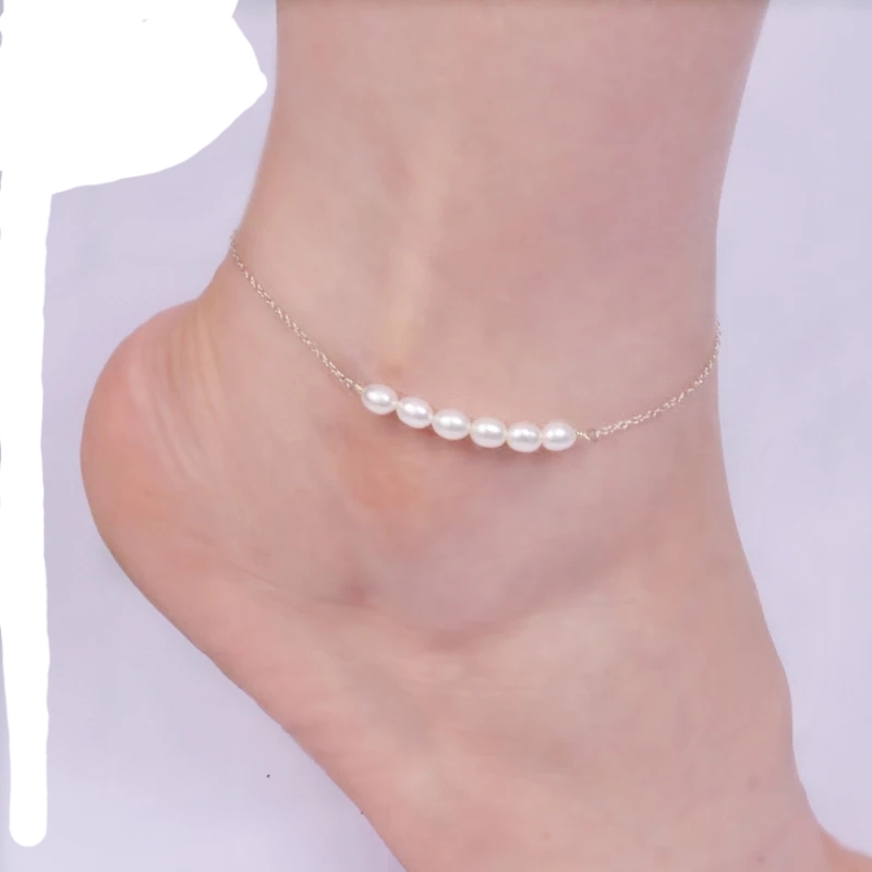 Anklet 5 natural pearls yellow gold plated extra extension - Image 2
