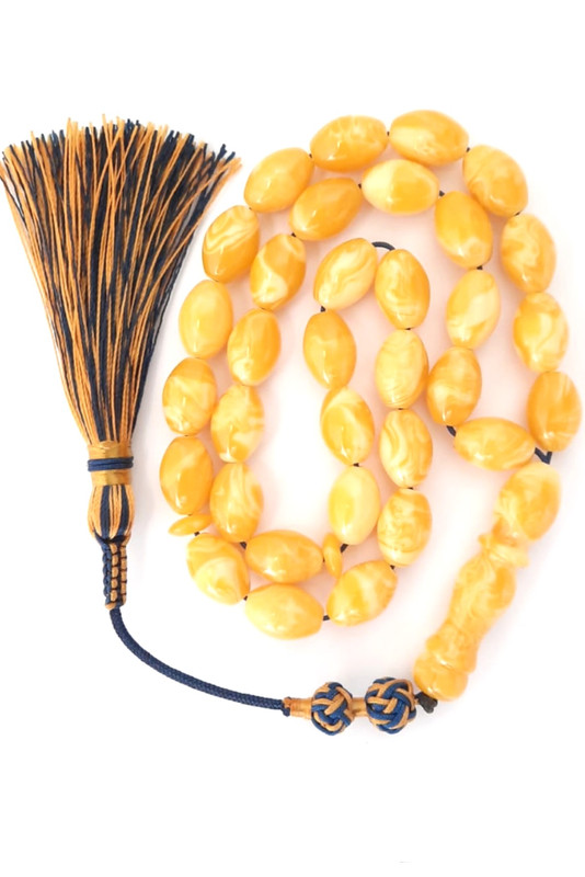 Prayer Beads Natural Poland Amber Sand Oval with Blue and Yellow Handmade Tassel - Image 3