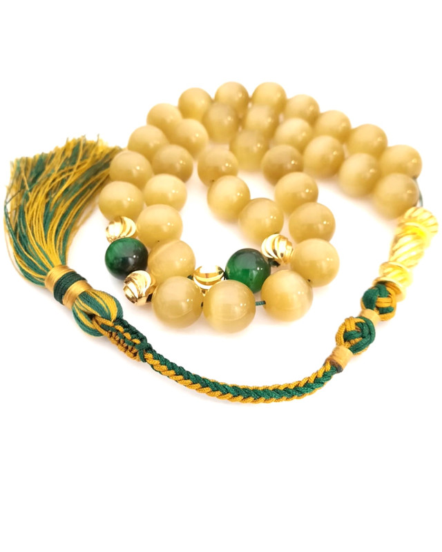Islam Muslim Rosary Honey Cat Eye 12MM 18k Gold Plated Beads with Handmade Yellow and Green Tassel - Image 3