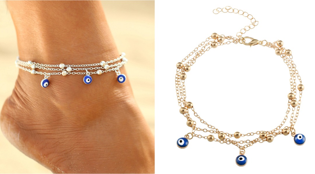 Evil Eyes yellow plated silver base anklet 3 layers fashionable sexy