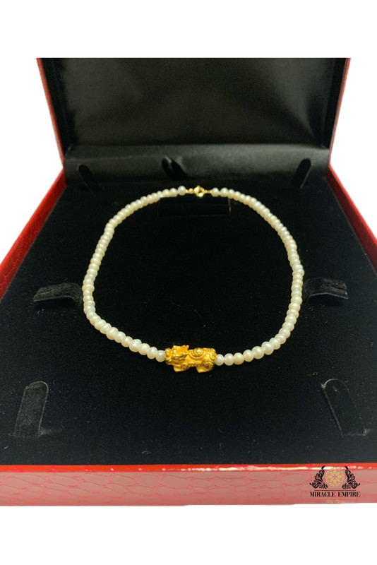 Feng shui 5-6mm natural pearls Necklace 18k gold plated 925 pure silver base Pixiu Pi Yao, 18k gold plated clasp unique design for woman girls teens luck, abundance money attraction - Image 2