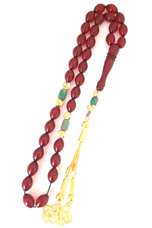 Prayer Beads Emerald Emeralds Green Gift THE DUTCH rich burgandy red amber sand with 18k gold plated beads natural genuine authentic Colombian Emerald rosary. Exclusive Design timeless art Misbaha Tasbih - Image 5