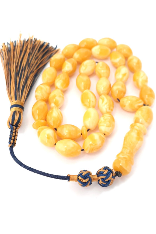 Prayer Beads Natural Poland Amber Sand Oval with Blue and Yellow Handmade Tassel - Image 2