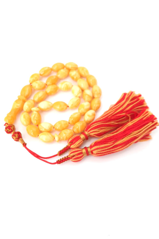 Prayer Beads Natural Poland Amber Sand with Red and Yellow Handmade Tassel - Image 3