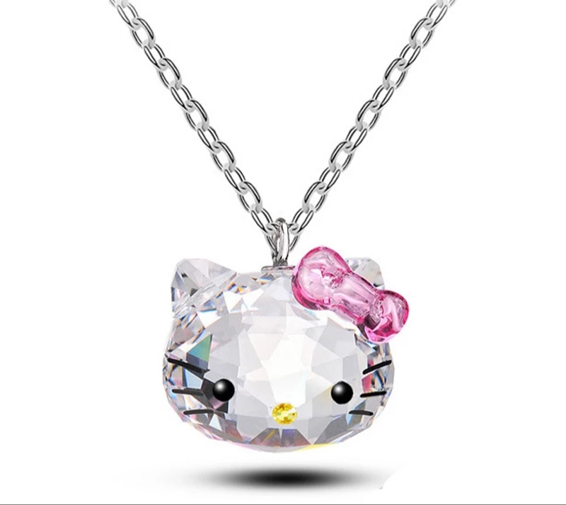 Crystals woman girls set hello kity necklace, crystal earrings and pink rope bracelet - Image 2
