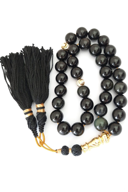 Islamic Prayer Beads Natural Obsidian with Black Tassel - Image 2