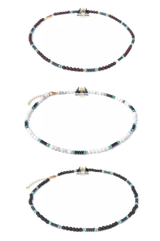 3 Men Necklaces Set Natural Stones 4MM Volcanic Lava Garnet And Howlite
