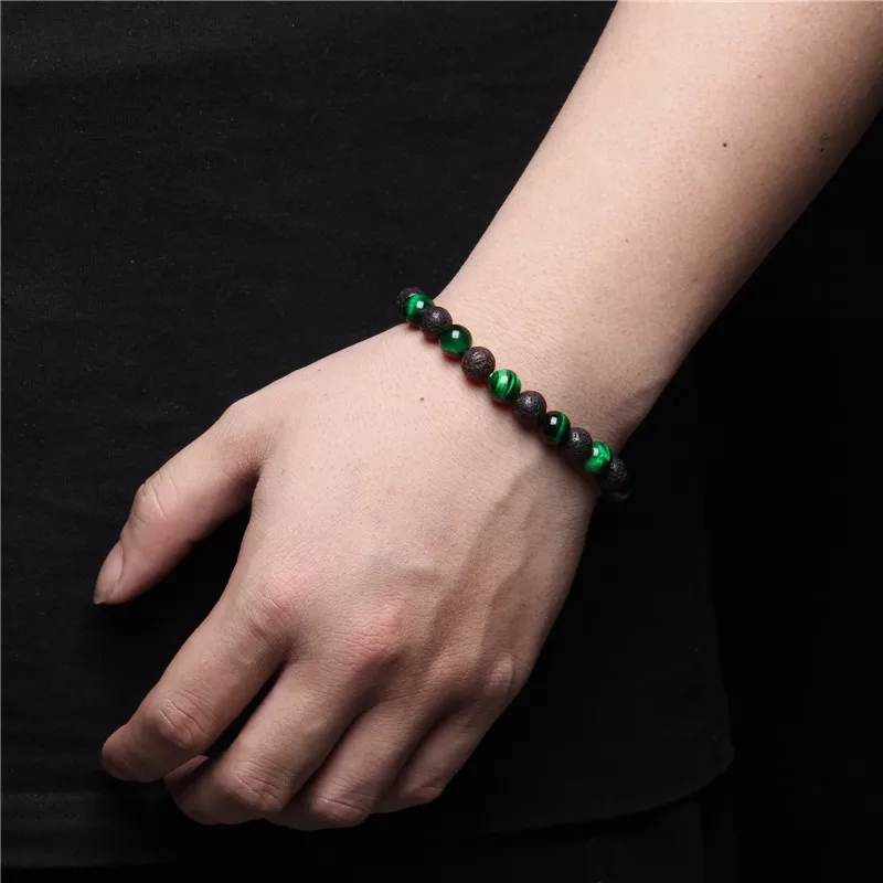 Hand Bracelet Men accessories natural volcanic and green tiger eye stones - Image 2