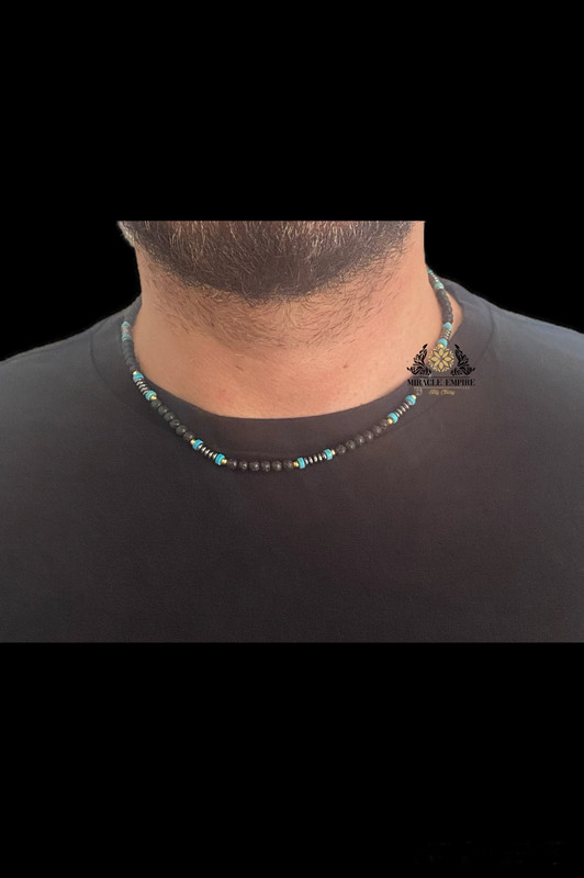 Men Necklace Natural Stones 4MM Volcanic Lava Turquoise And Hemitate - Image 2