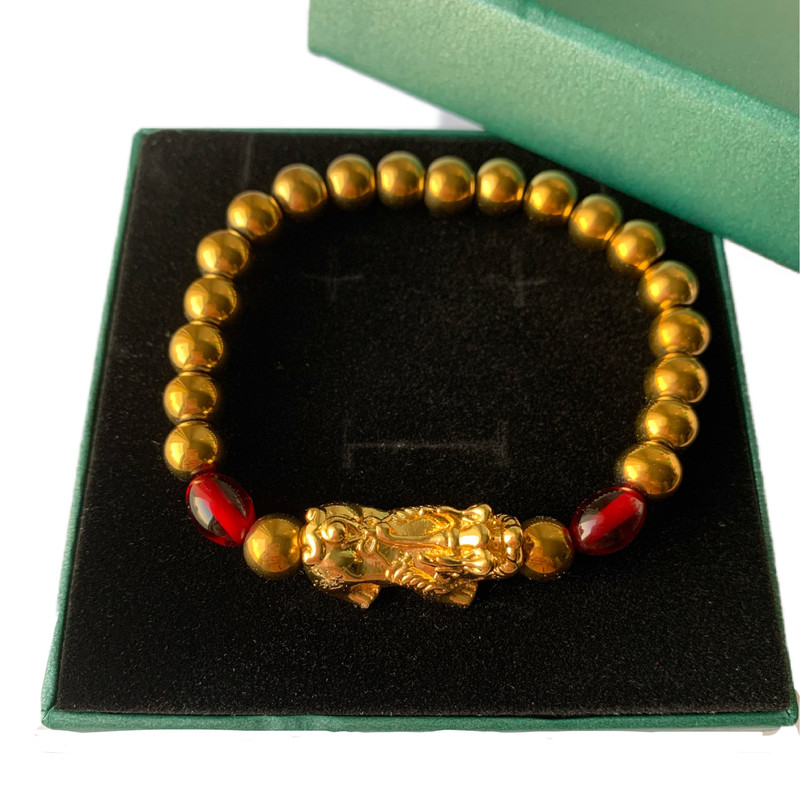 Gift FENG SHUI DRAGON natural hemitate 18k hold plated dragon red amber sand beads bracelet - Image 2