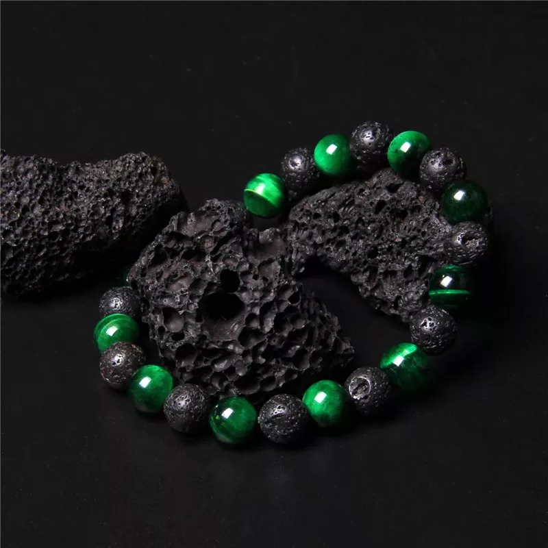 Hand Bracelet Men accessories natural volcanic and green tiger eye stones - Image 3