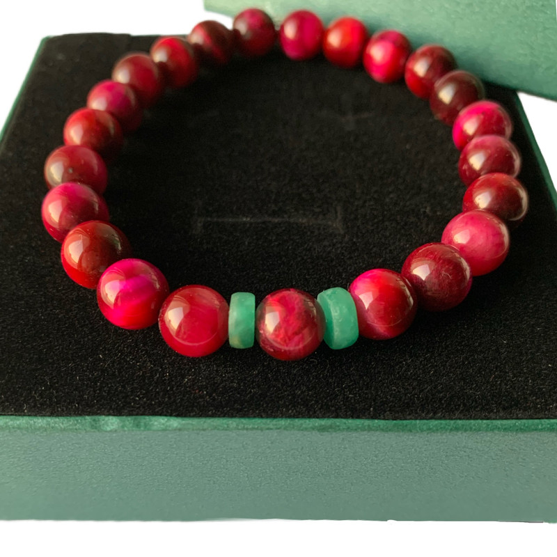 Emerald Emeralds Green Gift THE CAT Pink cat eye (8mm) with natural Colombian Emerald 2 wheel bars bracelet - Image 3