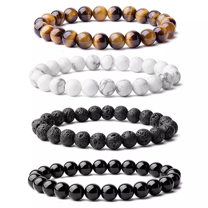 4 Bracelets Set
Natural Tiger eye, Howlite, Lava Stone & Black Onyx