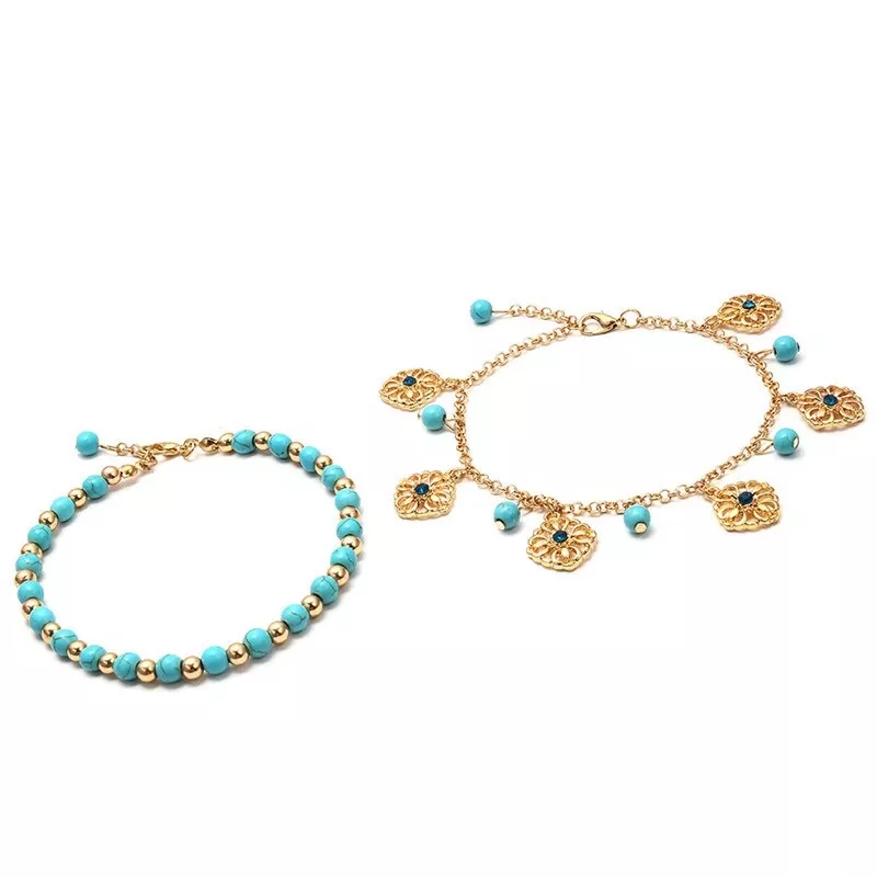 2 anklets turcoise color beads and hanging charms sexy elegant - Image 3