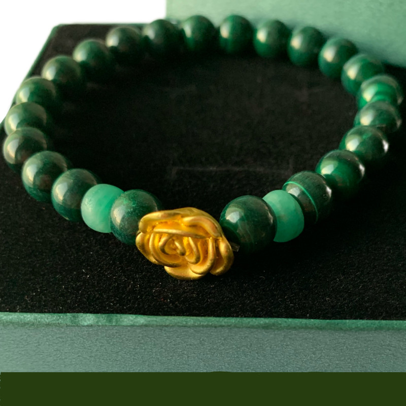 Emerald Emeralds Green Gift MY ROSE Genuine Natural Colombian Emerald 2 wheels with natural malachite (8mm) and 18k gold plated delicately handcrafted rose bracelet - Image 2