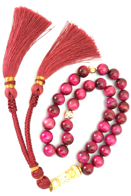 Prayer Beads Natural Red Cat Eye with Burgandi Tassel - Image 2
