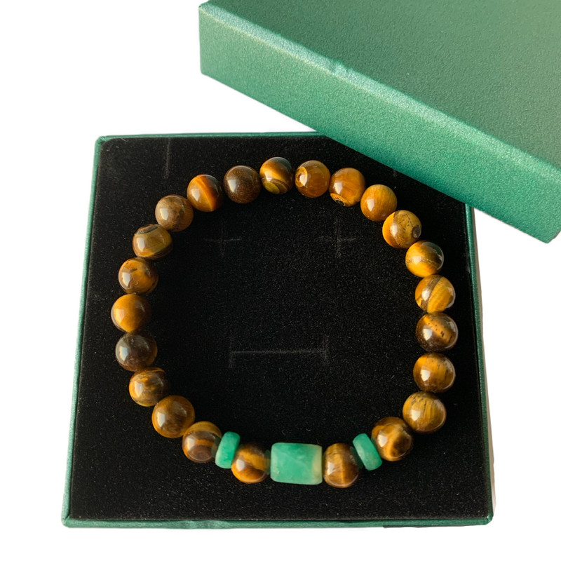 Emerald Emeralds Green Gift THE TIGER Natural tiger eye 8mm with genuine 3 Colombian Emeralds (2 wheels + 1 bar ~1cm) bracelet - Image 3