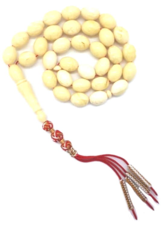 Rare Prayer Beads Natural Ivory Amber Sand Oval Red Handmade Tassel - Image 3