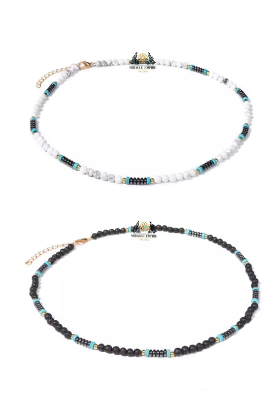 2 Men Necklaces Set Natural Stones 4MM Volcanic Lava And Howlite