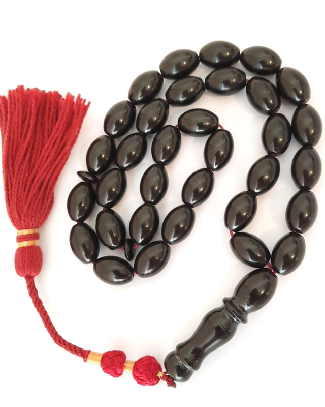 Prayer Beads Rare Unique Deep Black Amber Sand Misbaha Red Handmade Tassel - Image 3