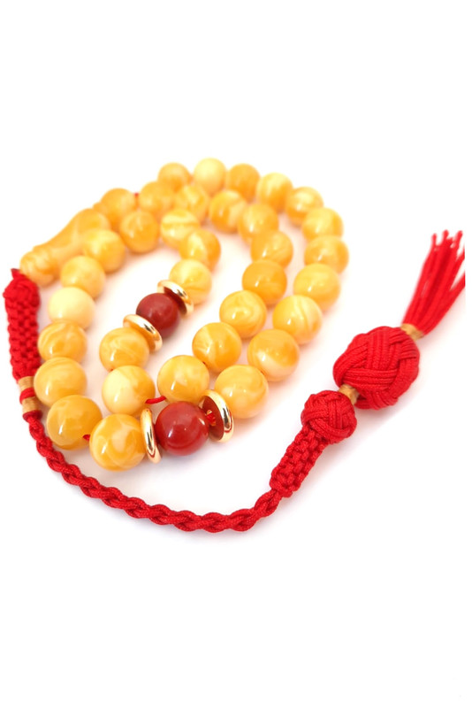Prayer Beads Natural Coral, Poland Amber Sand, Gold plated Amber Smell. Red Handmade Tassel - Image 2