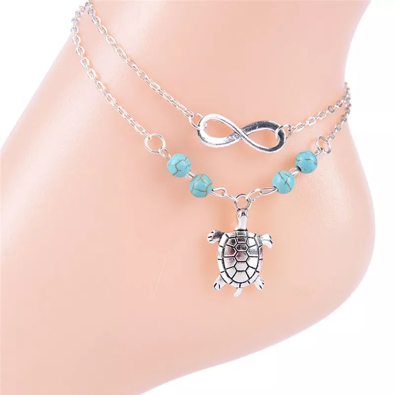 Anklet silver color eternity charm with turquoise color beads alloy