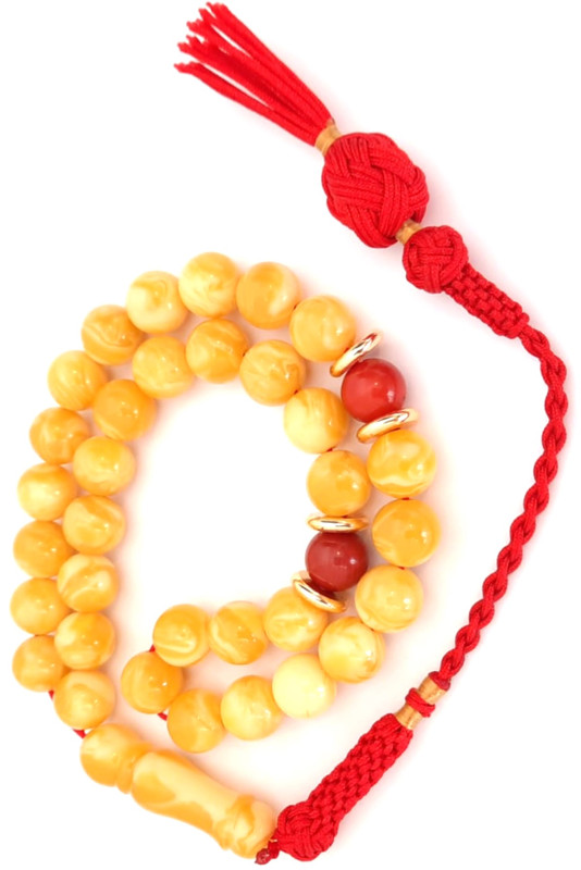 Prayer Beads Natural Coral, Poland Amber Sand, Gold plated Amber Smell. Red Handmade Tassel - Image 3