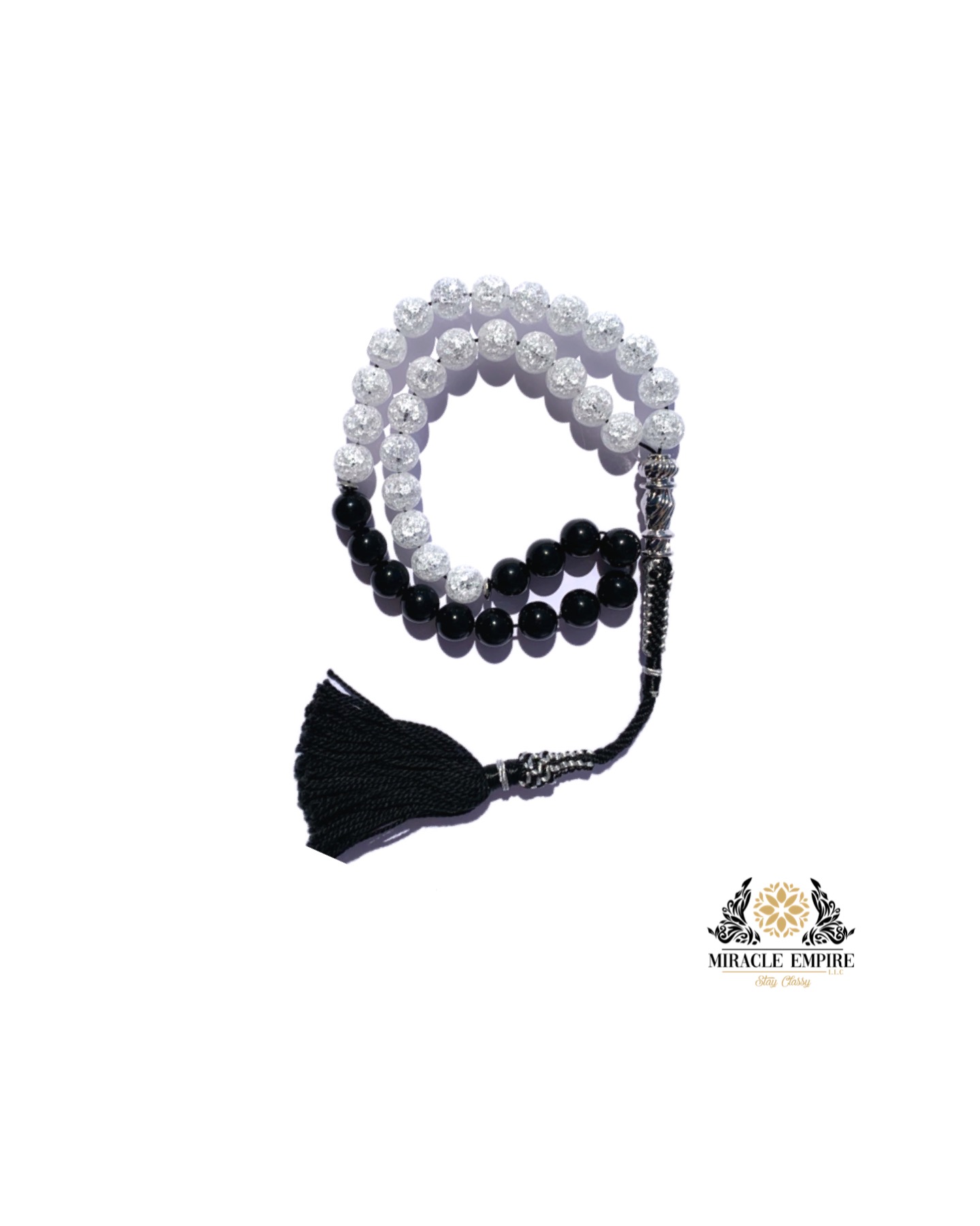 Natural Clear Quartz with Rare Black Amber Sand with Black and Silver Color Tassel