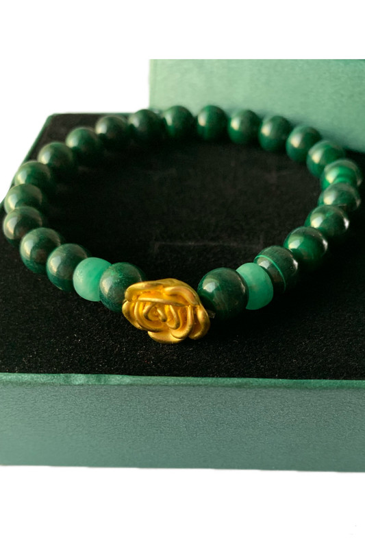 Emerald Emeralds Green Gift MY ROSE Genuine Natural Colombian Emerald 2 wheels with natural malachite (8mm) and 18k gold plated delicately handcrafted rose bracelet - Image 3