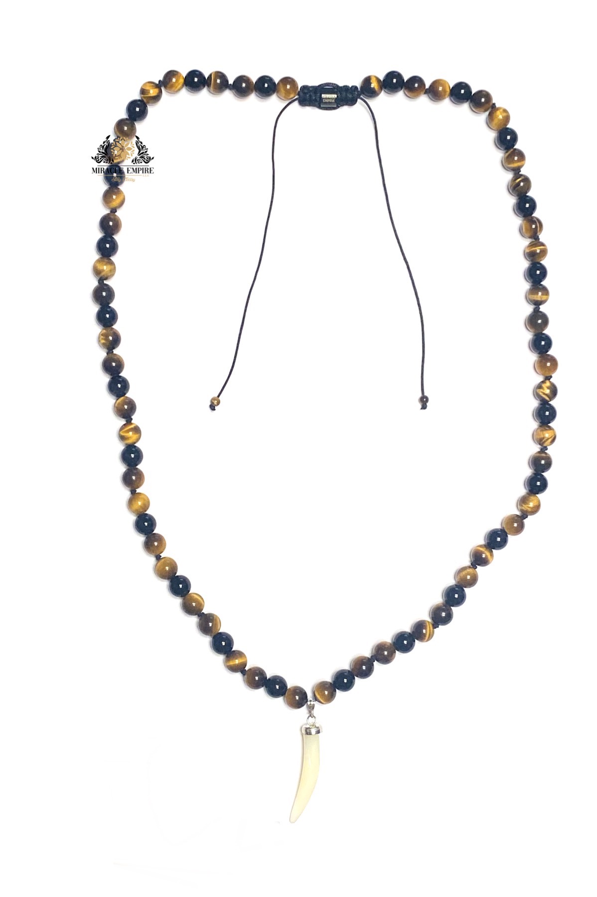 Man Necklace Long Knots With Inspired Tiger Tooth Genuine Tiger Eye Onyx Stones and Mother of Pearl - Image 2
