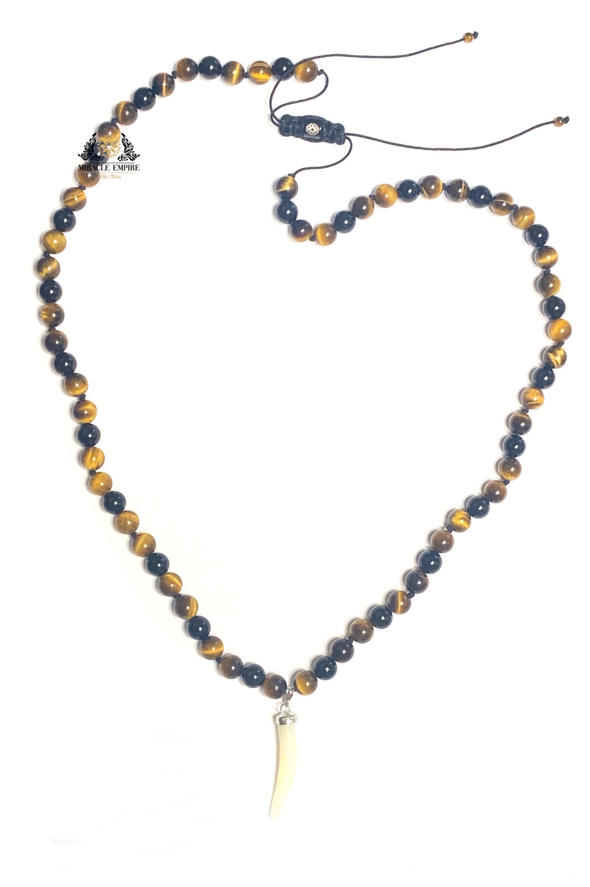 Man Necklace Long Knots With Inspired Tiger Tooth Genuine Tiger Eye Onyx Stones and Mother of Pearl - Image 4