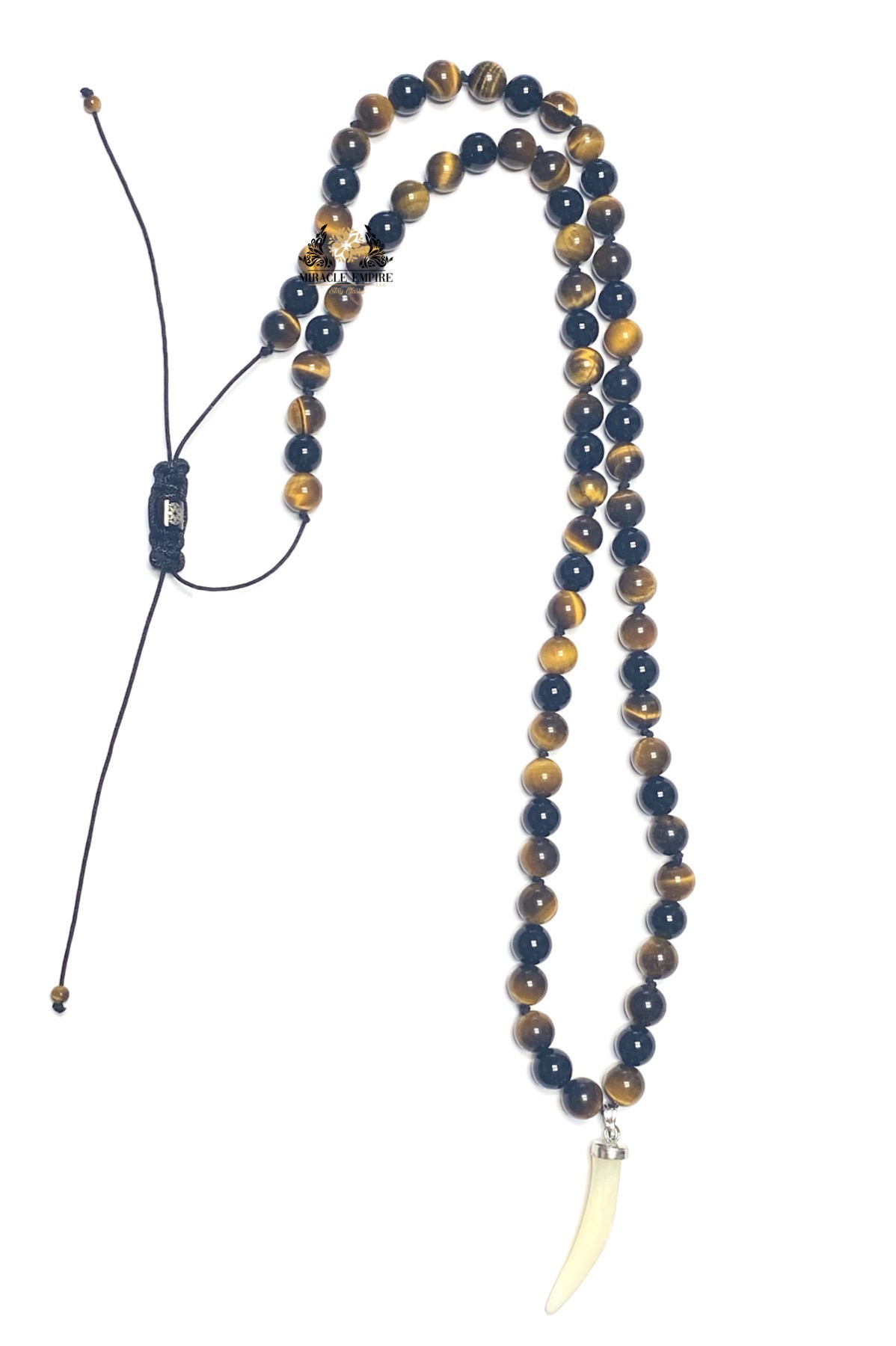 Man Necklace Long Knots With Inspired Tiger Tooth Genuine Tiger Eye Onyx Stones and Mother of Pearl - Image 3