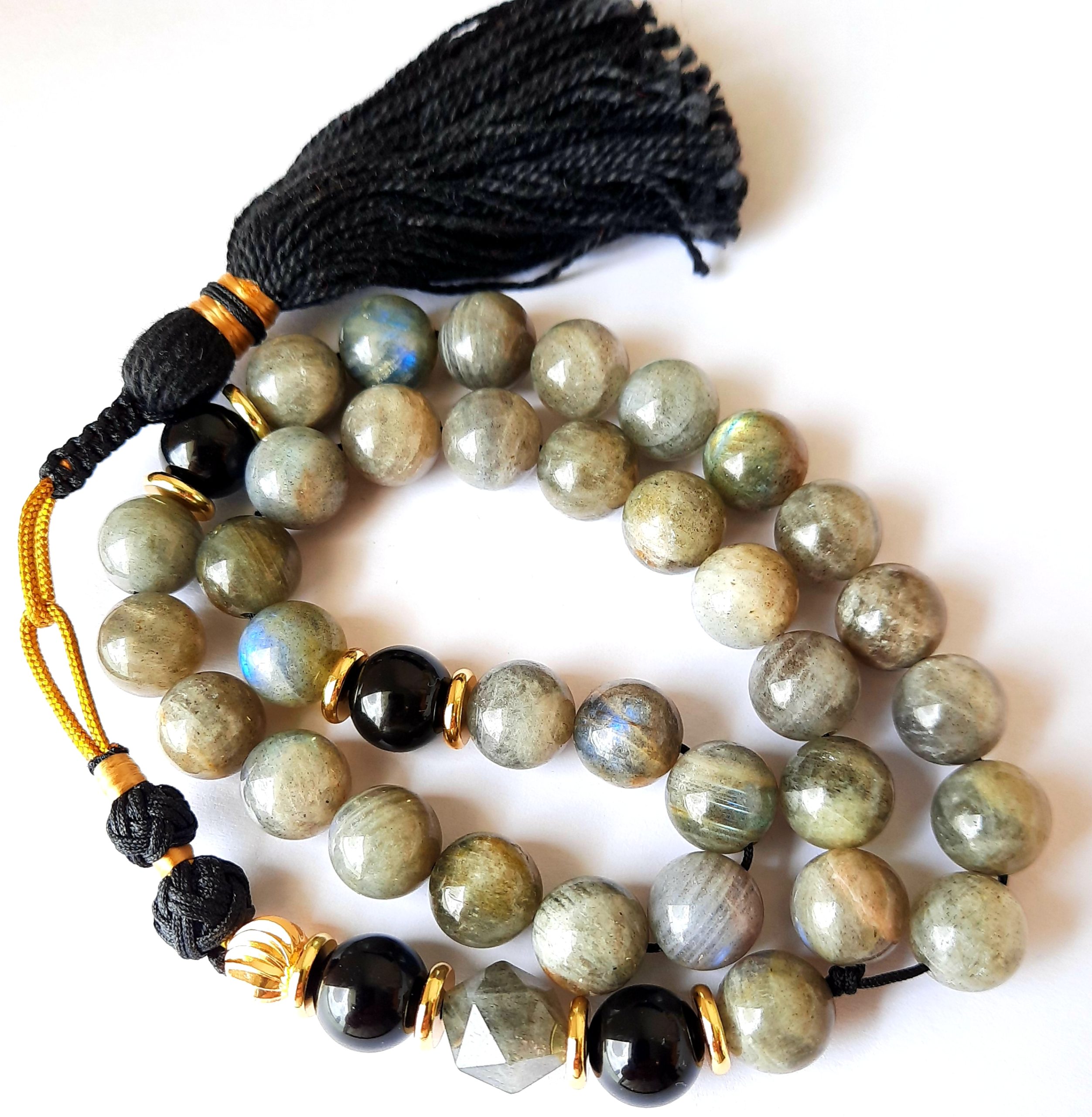 Madagascar Labradorite, Onyx and 18k Gold Plated Beads