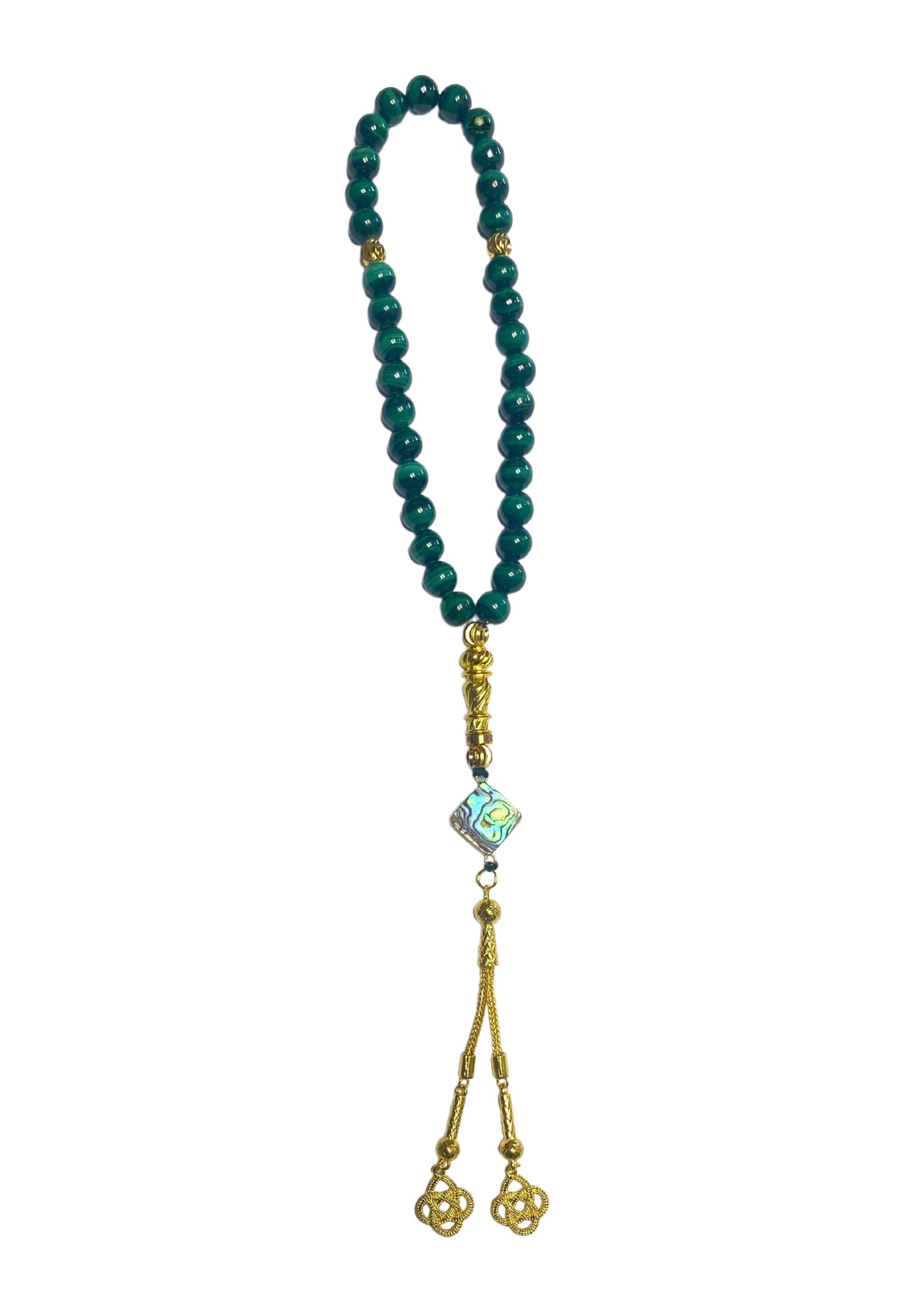 Exclusive Genuine Malachite And Sea Shell Misbaha 33 Prayer Bead With Gold Plated Stainless Steel Accessories Tasbeeh