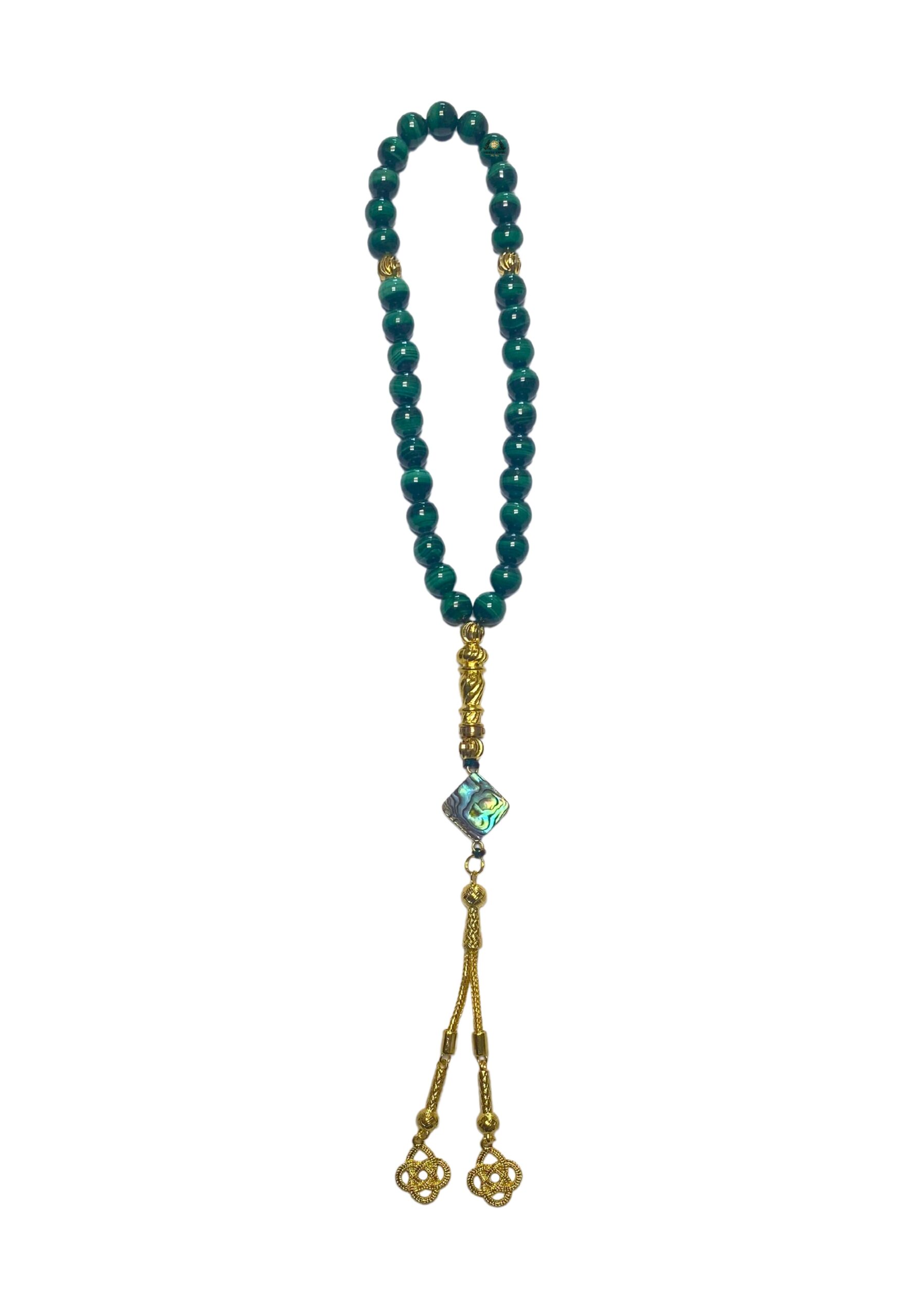 Exclusive Genuine Malachite And Sea Shell Misbaha 33 Prayer Bead With Gold Plated Stainless Steel Accessories Tasbeeh - Image 3