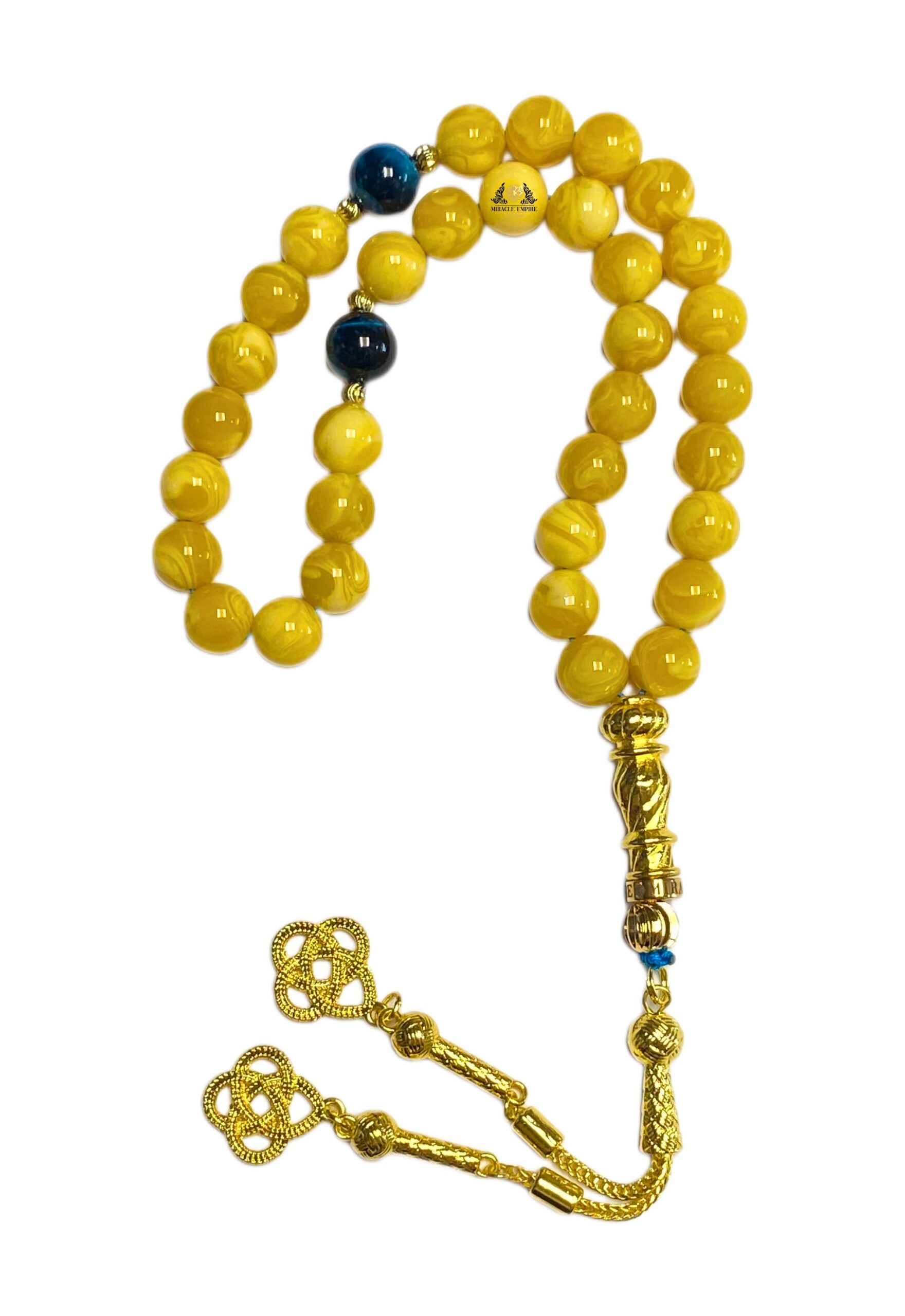 12Mm Amber Sand Misbaha Genuine Amber Aroma With Blue Tiger Eye And Gold Plated Staineless Steel Accessories Tasbeeh - Image 2
