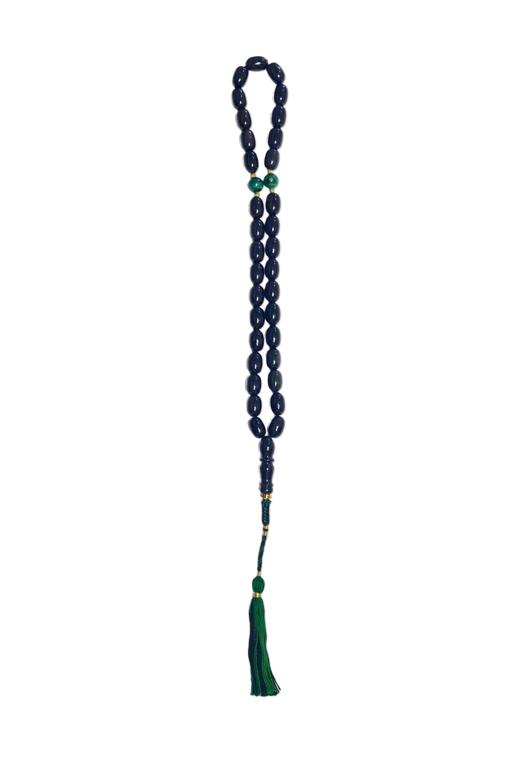 Exclusive Unique 33 Misbaha Prayer Bead Genuine 14Mm Obsedian And 12Mm Malachite With Gold Plated Accessories And 100% Cotton Tassel Tasbih - Image 2