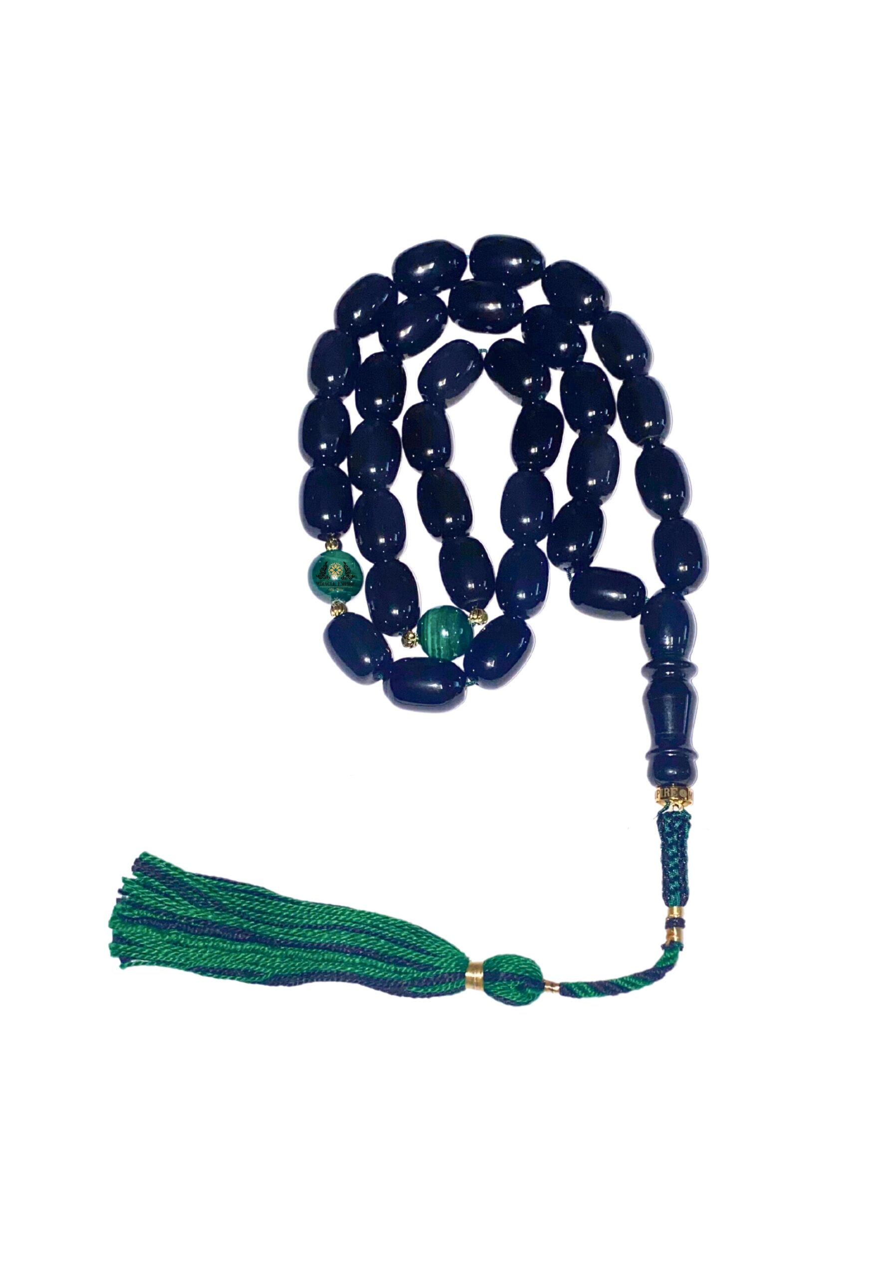 Exclusive Unique 33 Misbaha Prayer Bead Genuine 14Mm Obsedian And 12Mm Malachite With Gold Plated Accessories And 100% Cotton Tassel Tasbih - Image 3