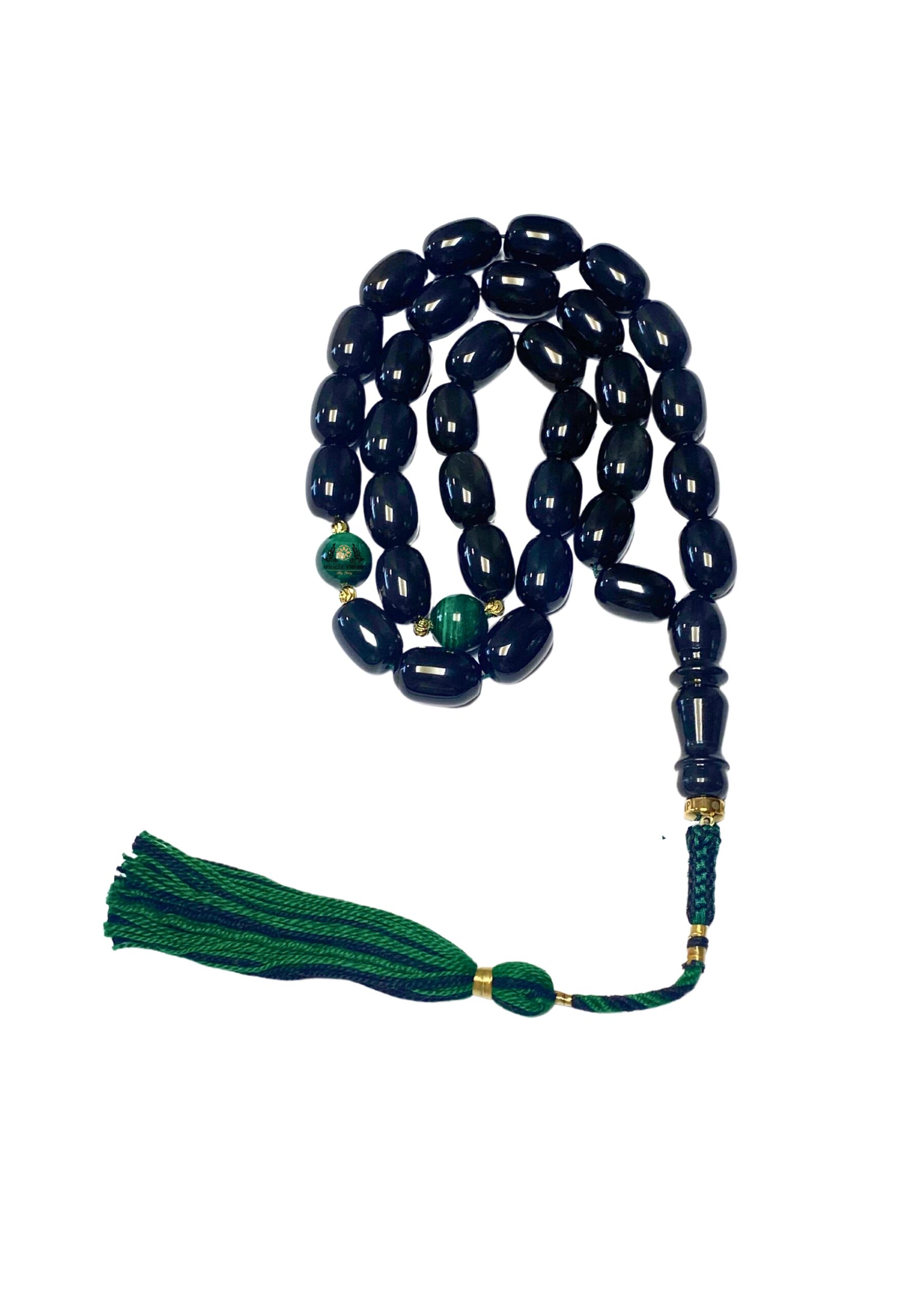 Exclusive Unique 33 Misbaha Prayer Bead Genuine 14Mm Obsedian And 12Mm Malachite With Gold Plated Accessories And 100% Cotton Tassel Tasbih