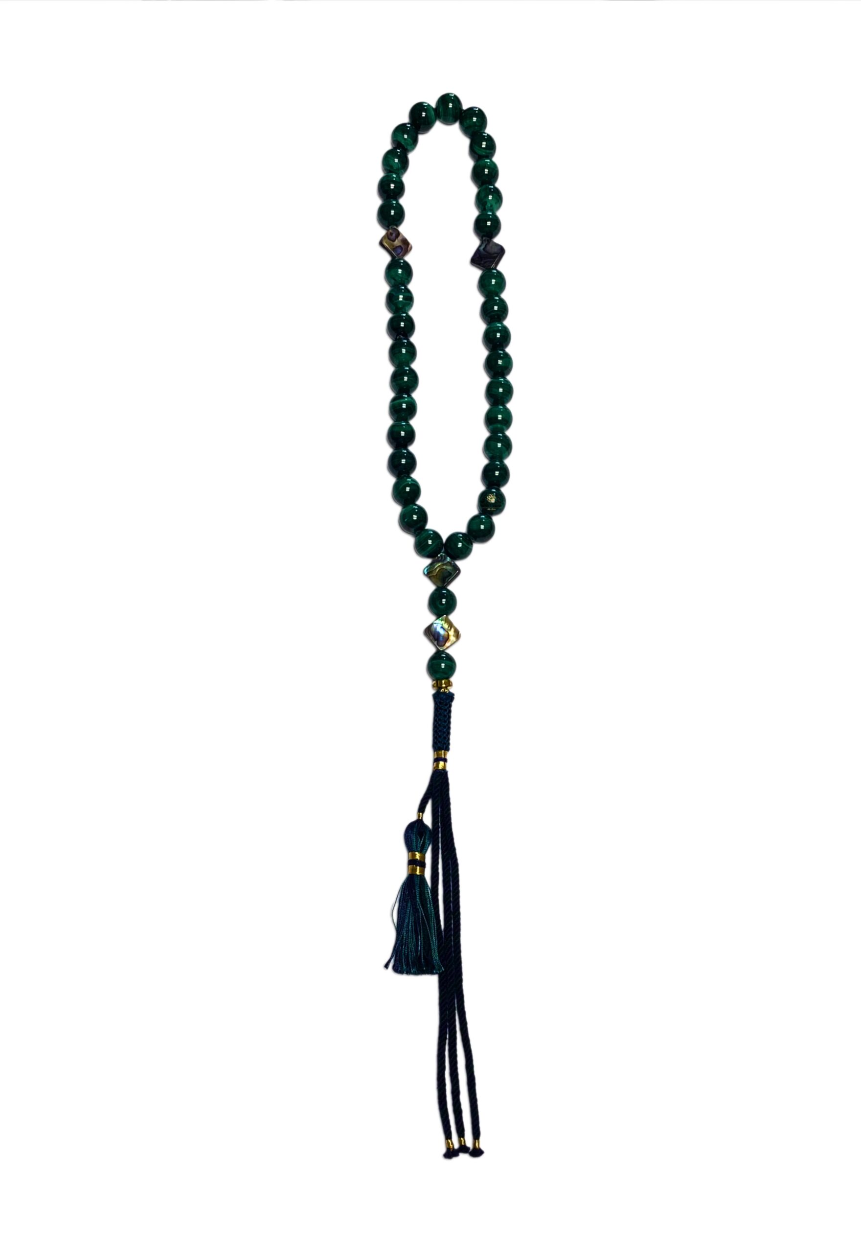 Exclusive Handmade Tasbeeh Design 33 Prayer Bead Genuine Malachite And 4 Sea Shell Clovers With With 100% Cotton Tassel Masbaha - Image 2