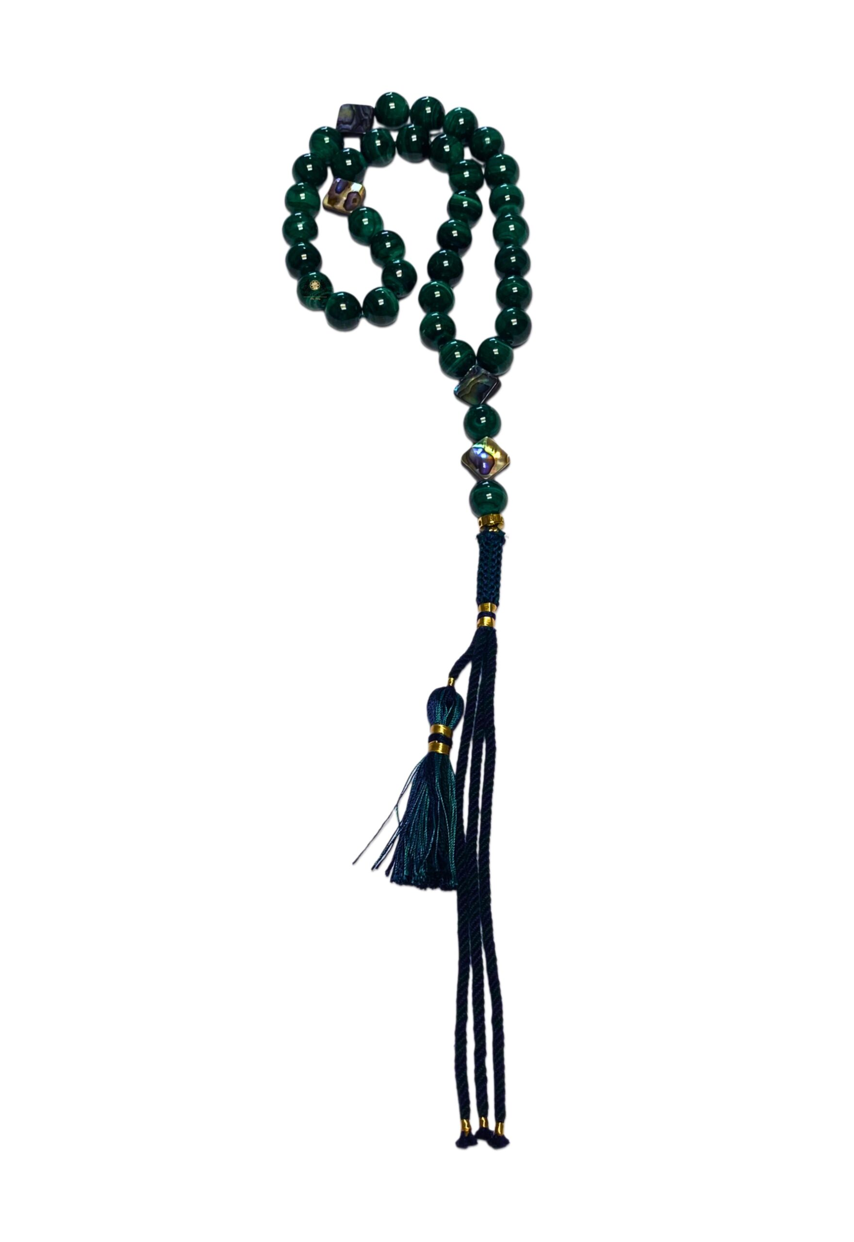 Exclusive Handmade Tasbeeh Design 33 Prayer Bead Genuine Malachite And 4 Sea Shell Clovers With With 100% Cotton Tassel Masbaha - Image 6
