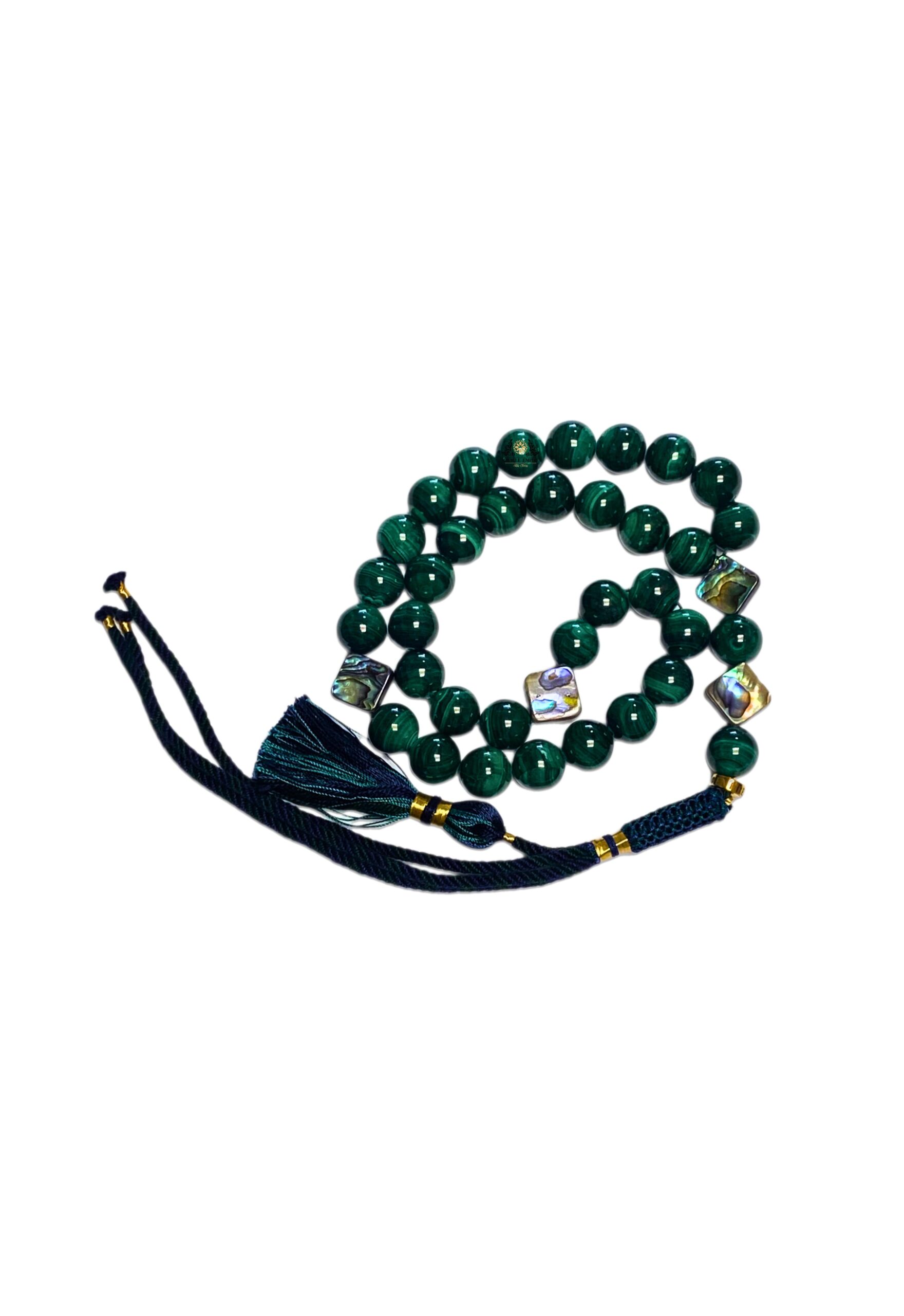 Exclusive Handmade Tasbeeh Design 33 Prayer Bead Genuine Malachite And 4 Sea Shell Clovers With With 100% Cotton Tassel Masbaha